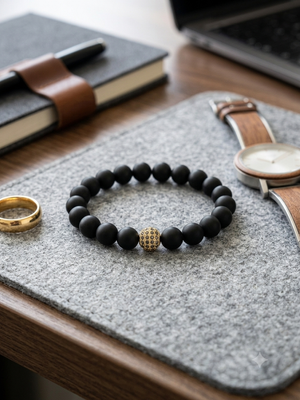A black beaded bracelet with a textured gold center bead, displayed on a gray felt mat on a wooden desk alongside a gold ring, a notebook, and a watch.