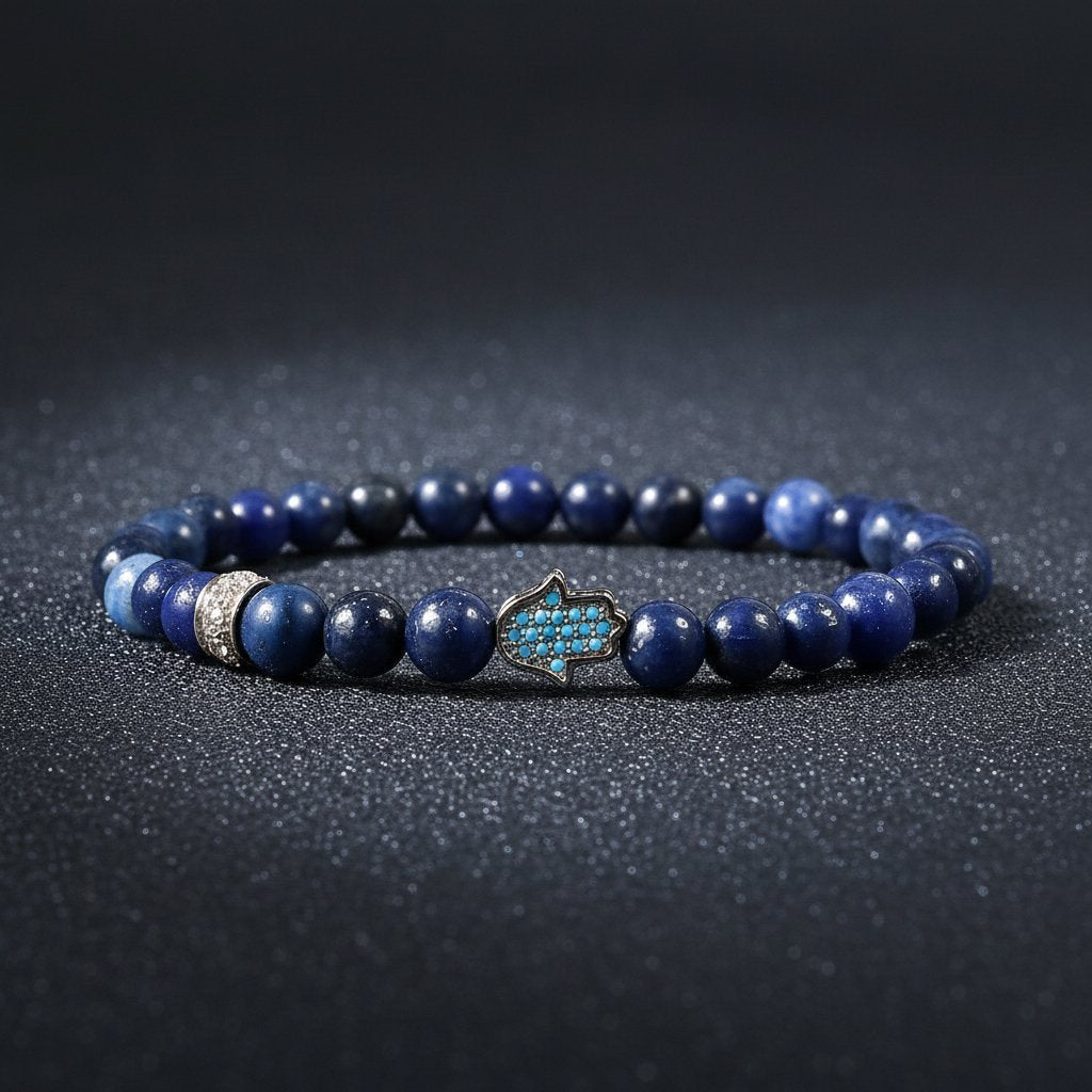 Handcrafted Rosï blue lapis lazuli hamsa bracelet on wrist